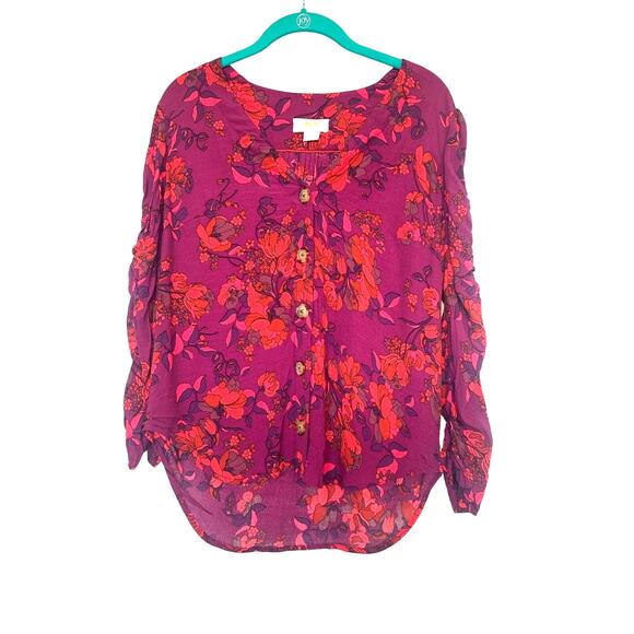 Anthropologie MaEve Purple with Pink/Corral Floral Pattern Button Down Blouse - Picture 1 of 5